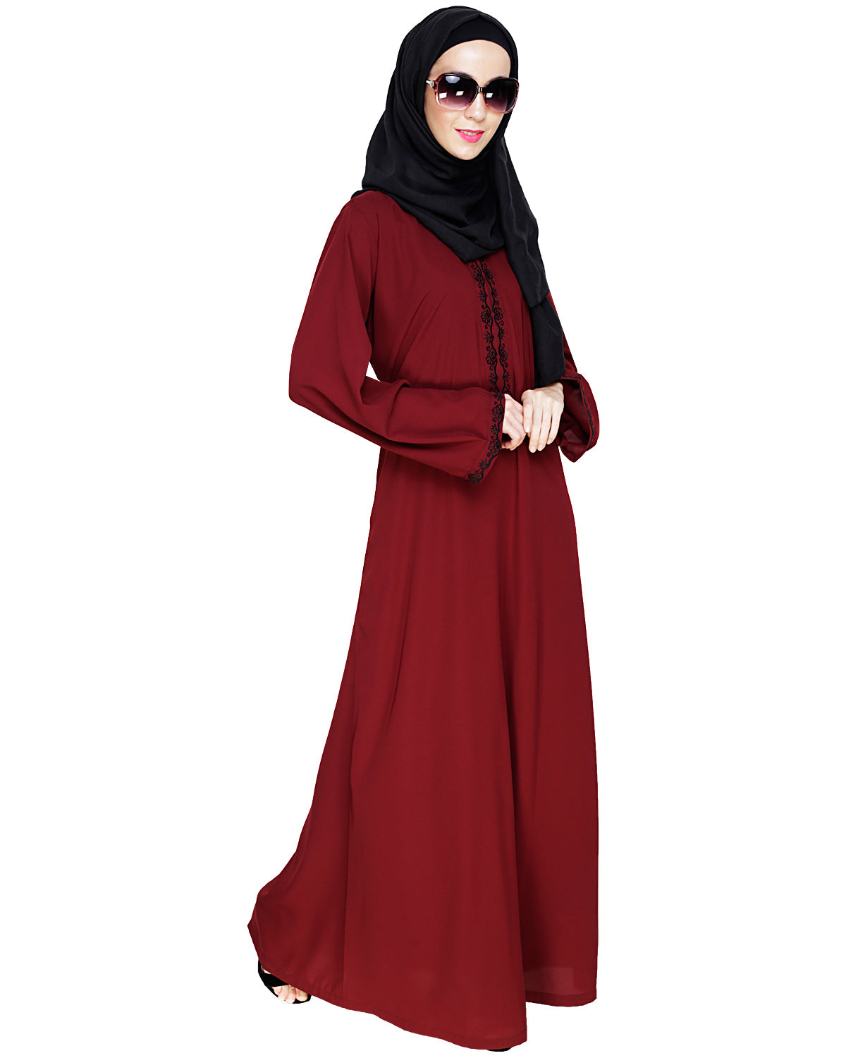 Lotus Embroidered Dubai Style Abaya Wine