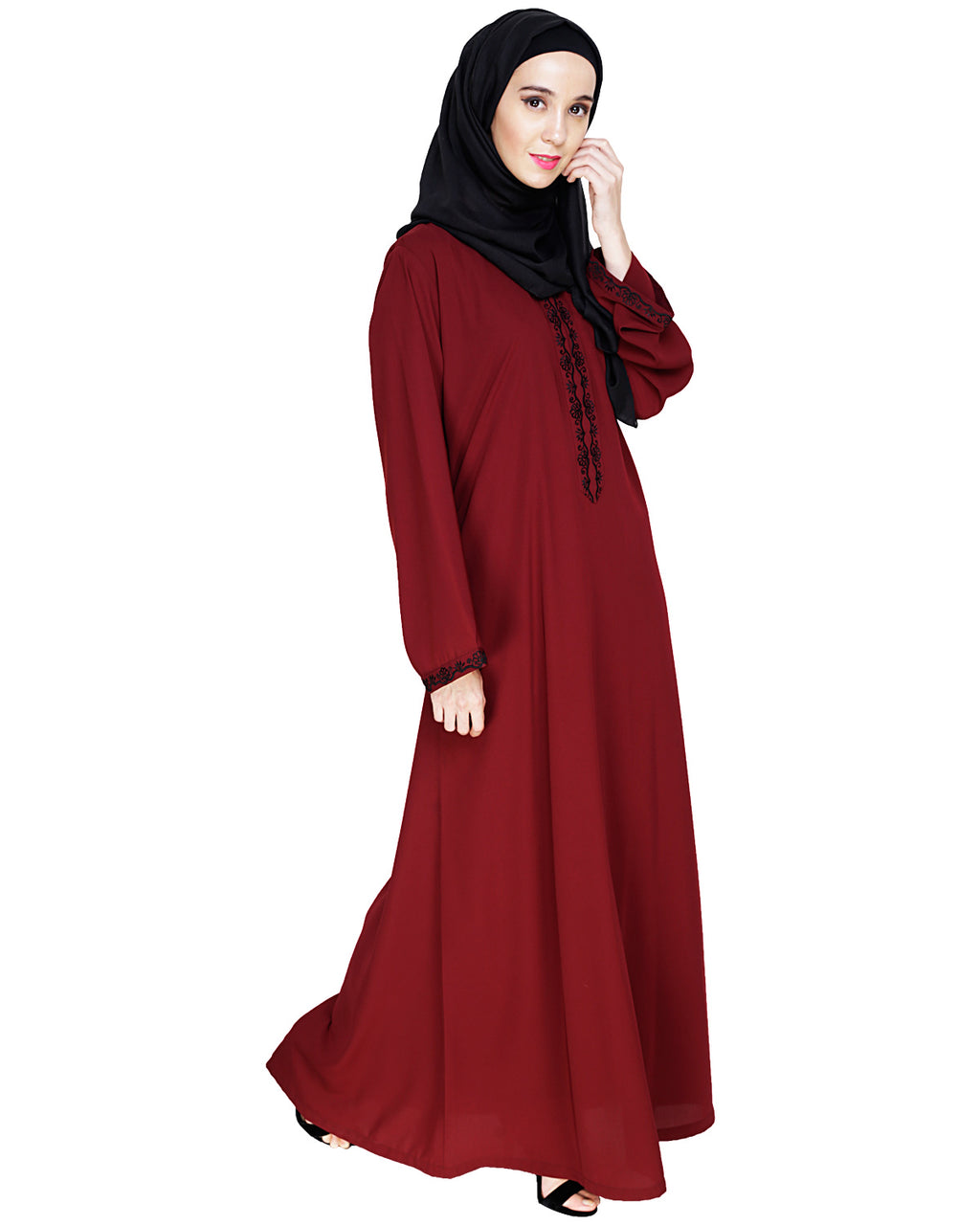 Lotus Embroidered Dubai Style Abaya Wine