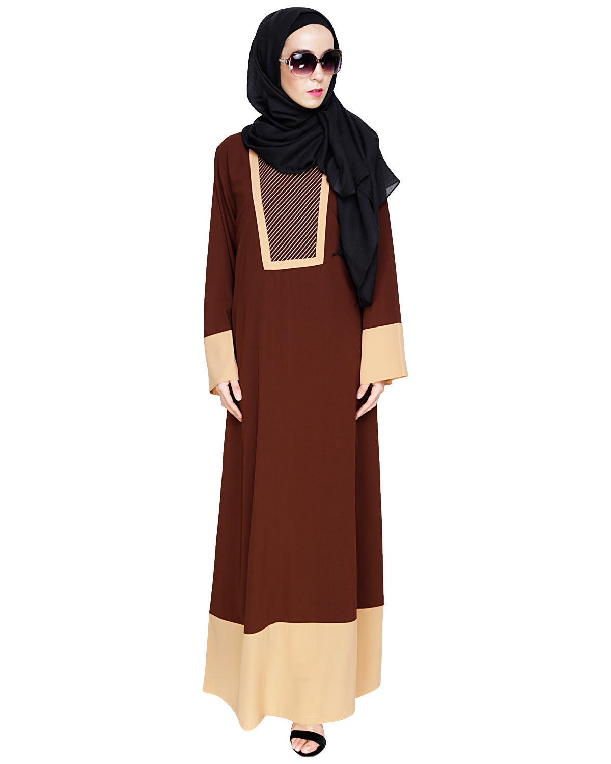 Embroidered Yoke Dubai Style Abaya Brown