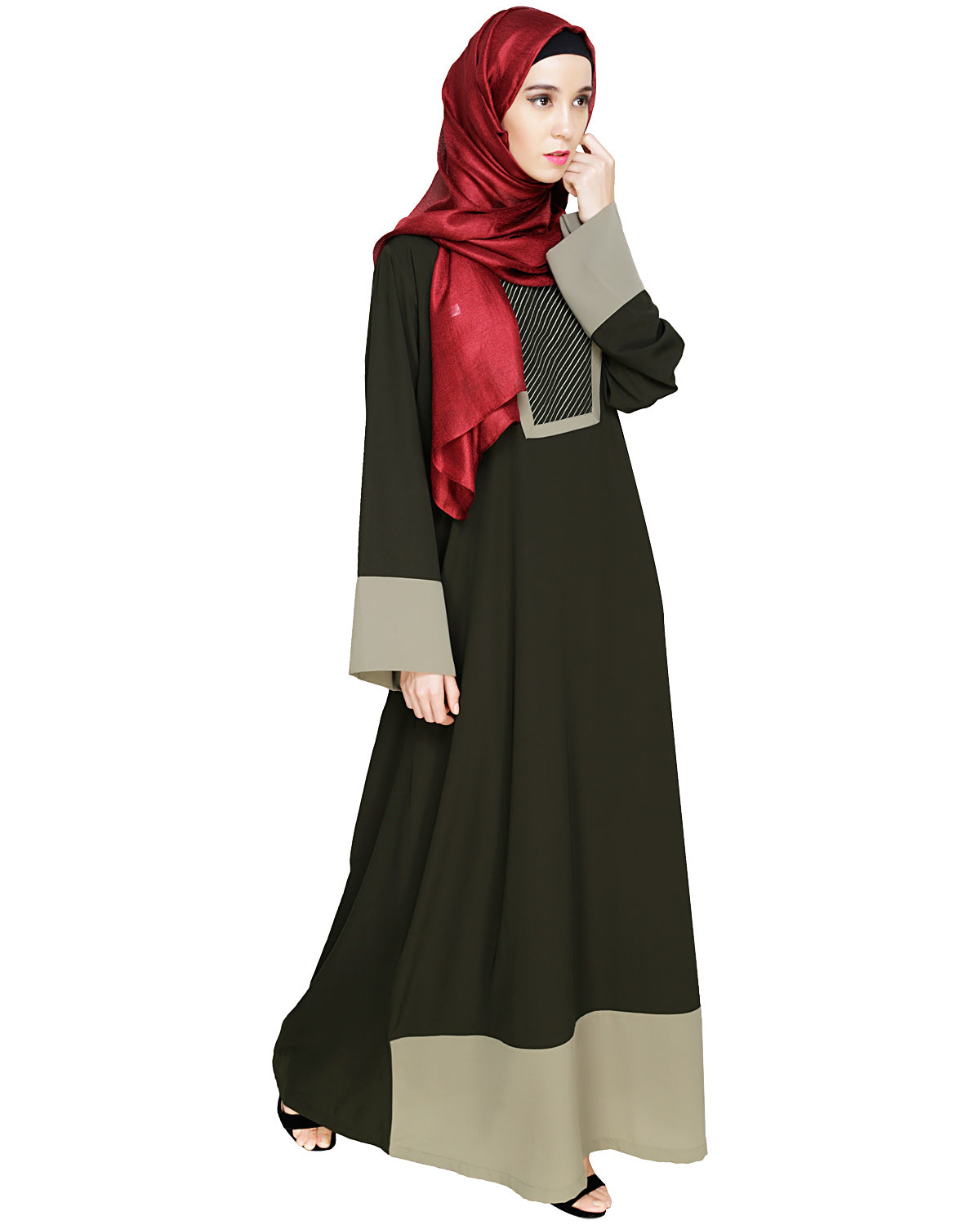 Embroidered Yoke Dubai Style Abaya Olive
