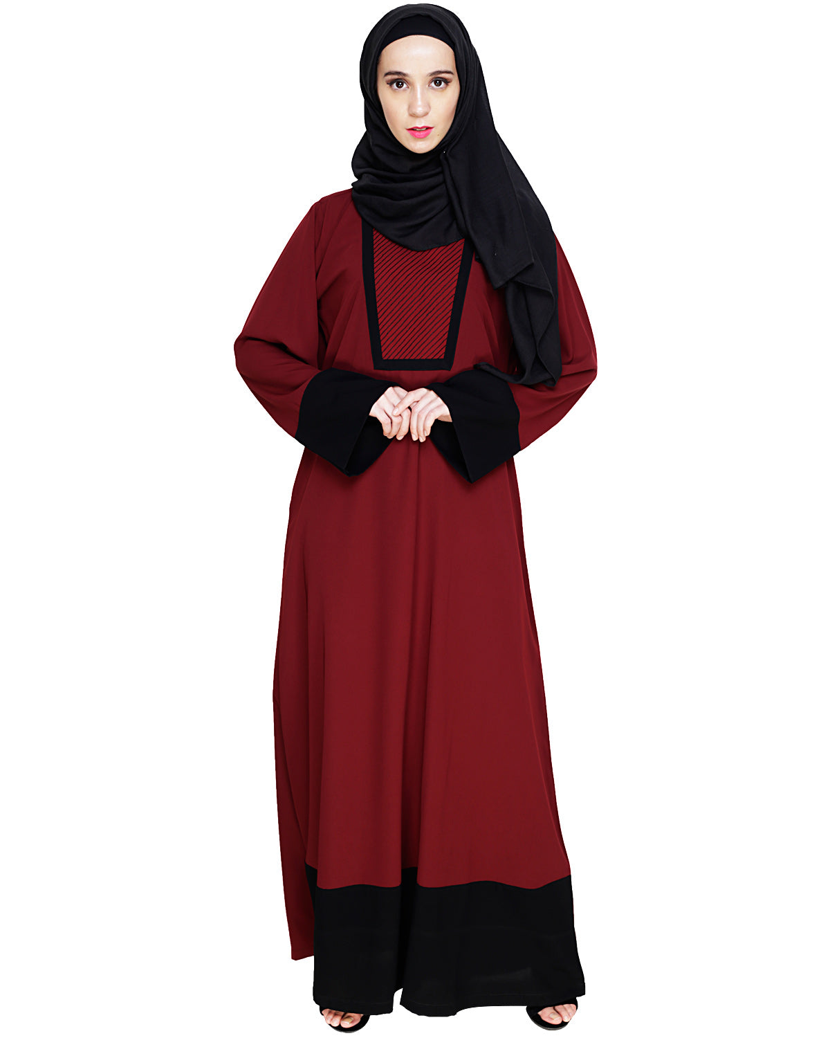 Embroidered Yoke Dubai Style Abaya Wine