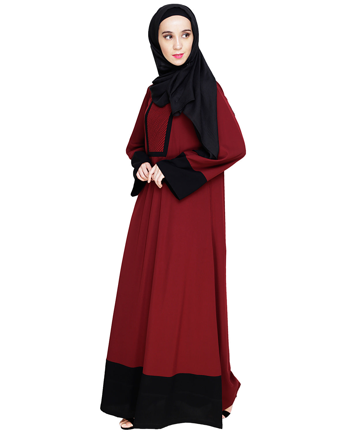 Embroidered Yoke Dubai Style Abaya Wine