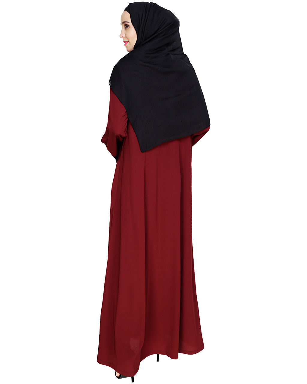 Embroidered Yoke Dubai Style Abaya Wine