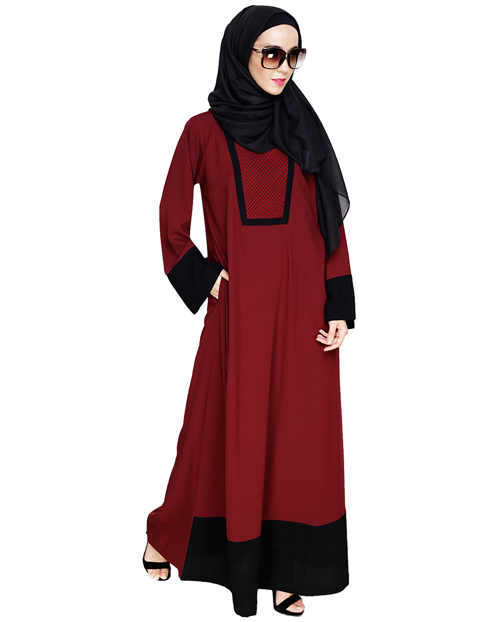 Embroidered Yoke Dubai Style Abaya Wine
