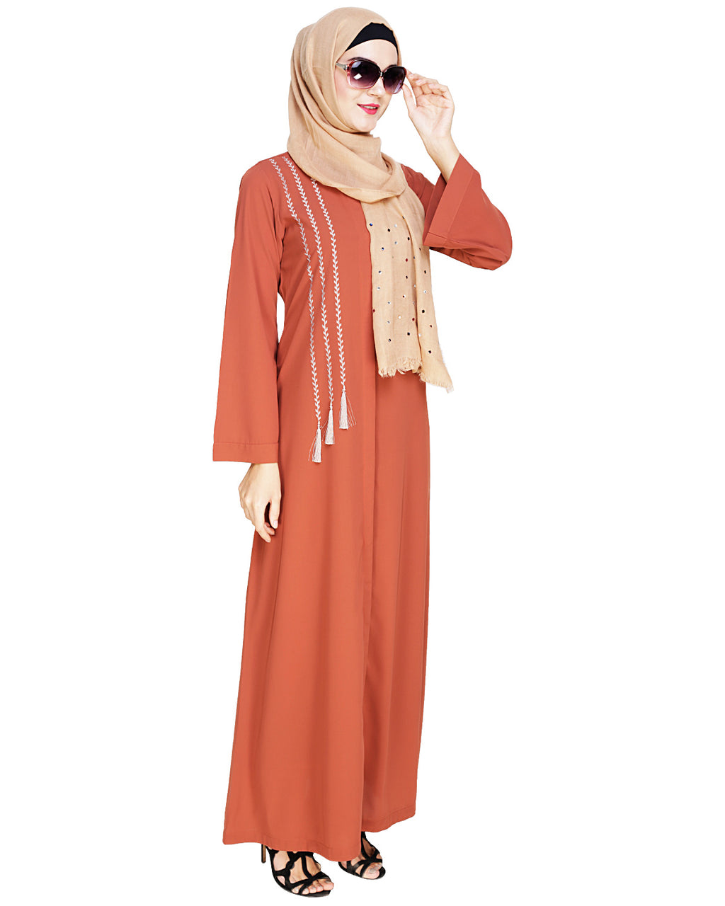 Elegant Embroidered Abaya Brick Red