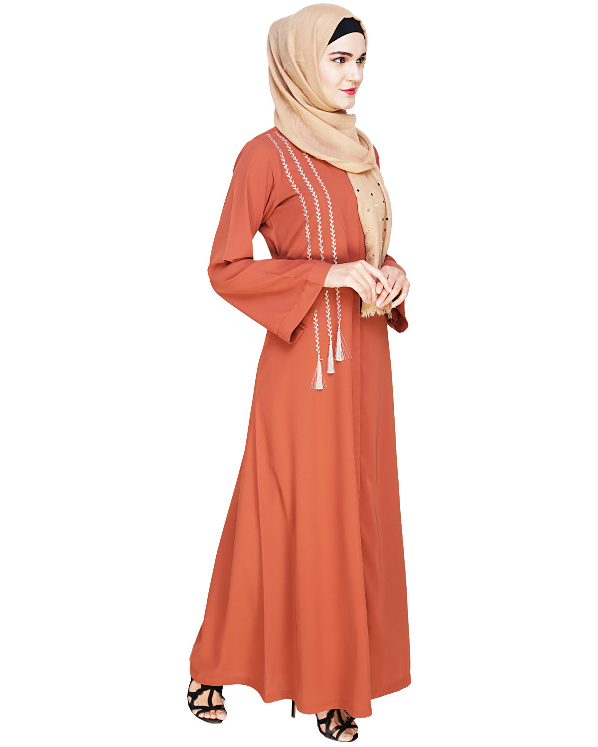 Elegant Embroidered Abaya Brick Red