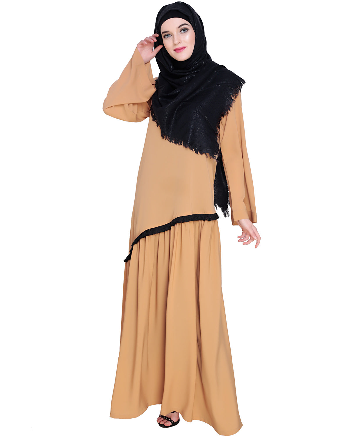 Fringe Lace Abaya Beige
