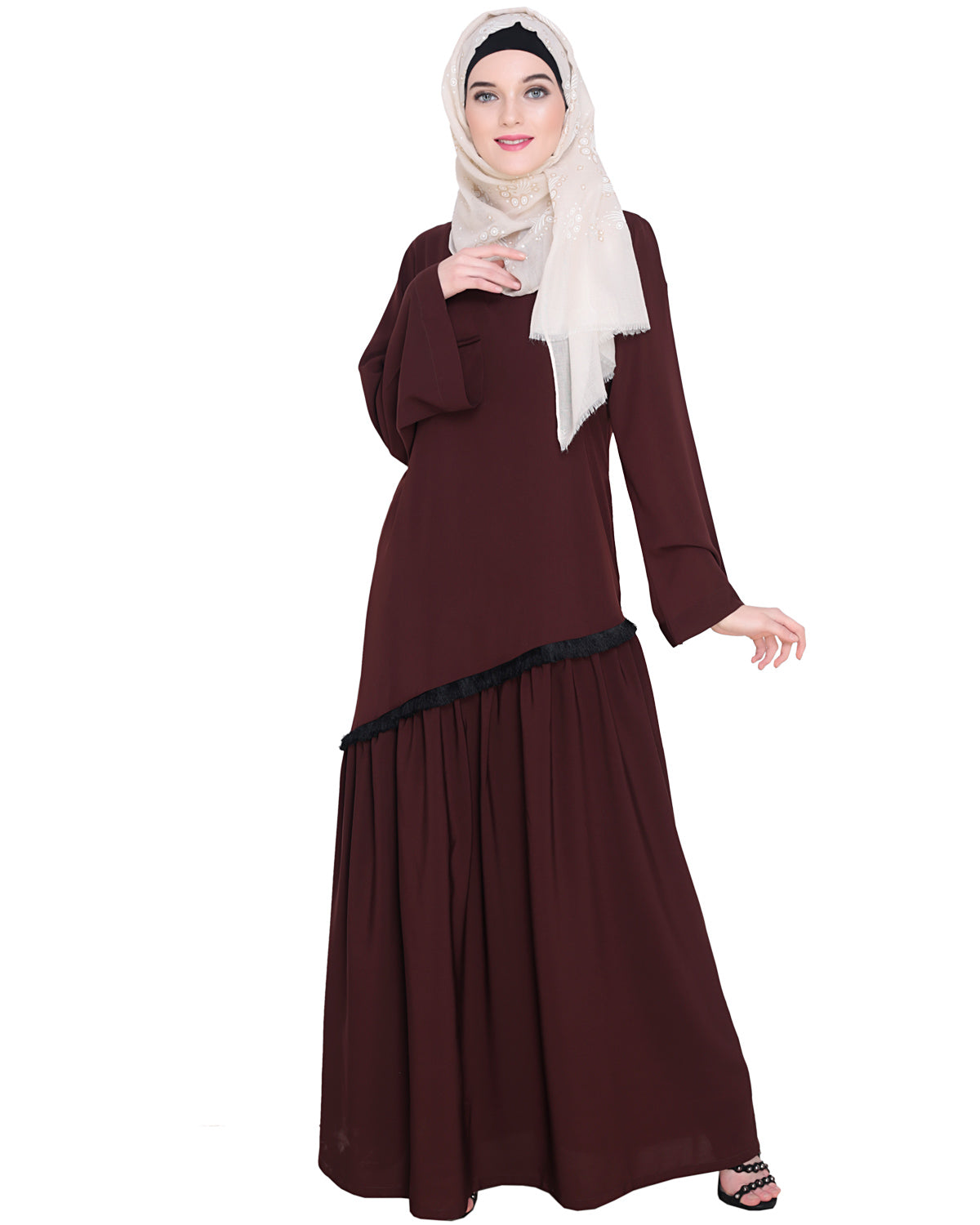 Fringe Lace Abaya Brown