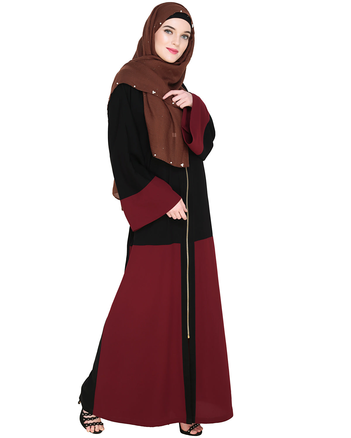 Dazzling Zip-Up Abaya Wine