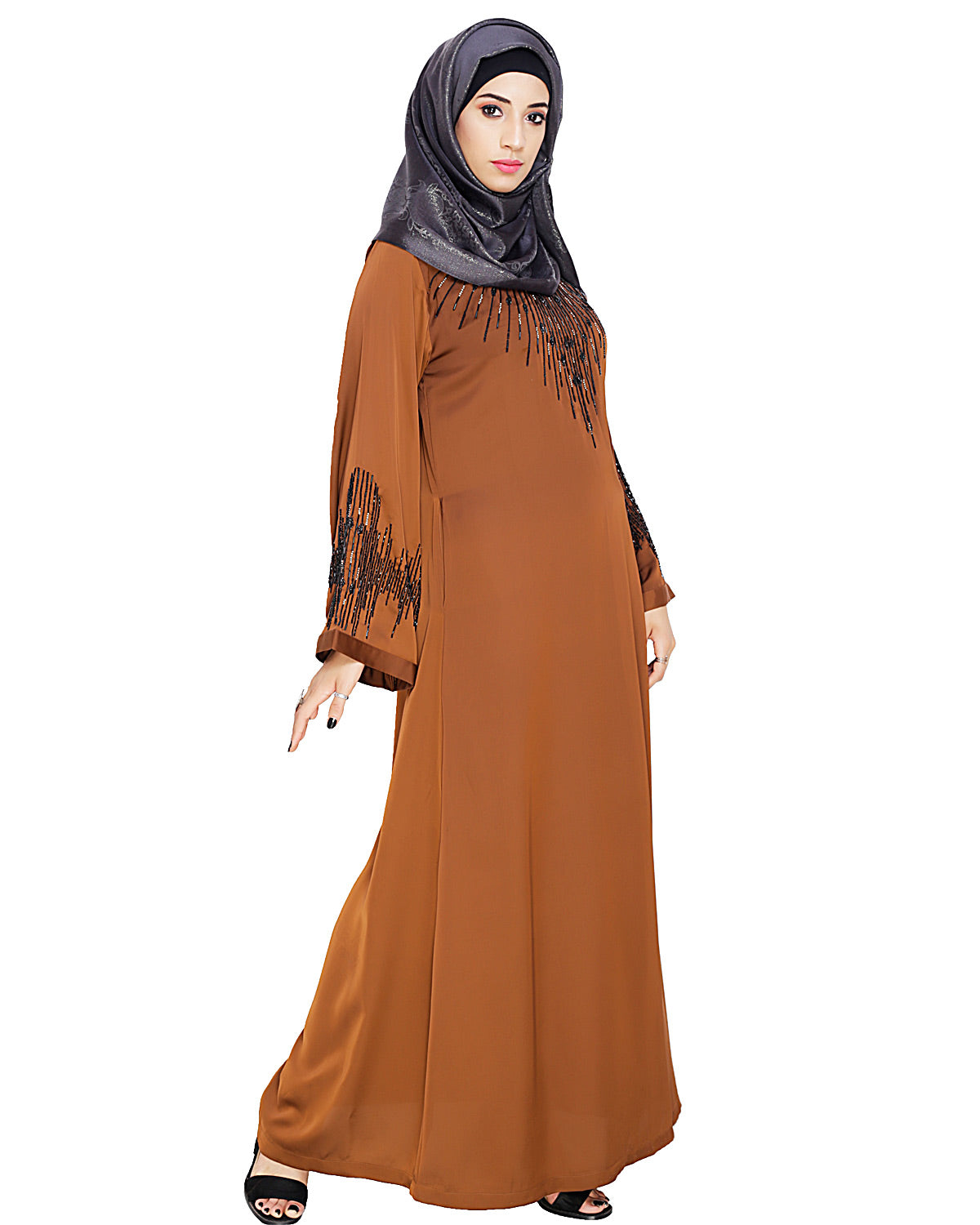 Ornate Black Dubai Style Abaya Brown