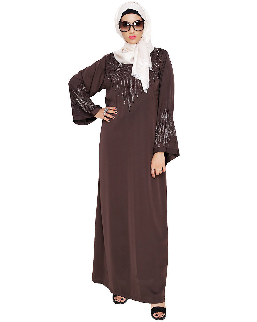 Ornate Black Dubai Style Abaya Dark Brown
