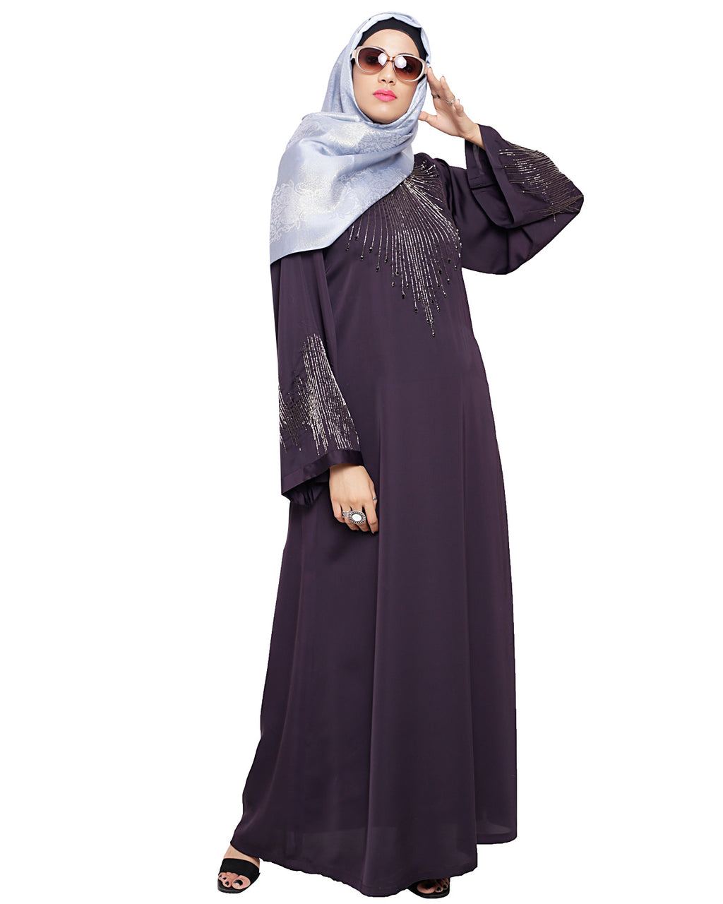 Ornate Black Dubai Style Abaya Dark Purple