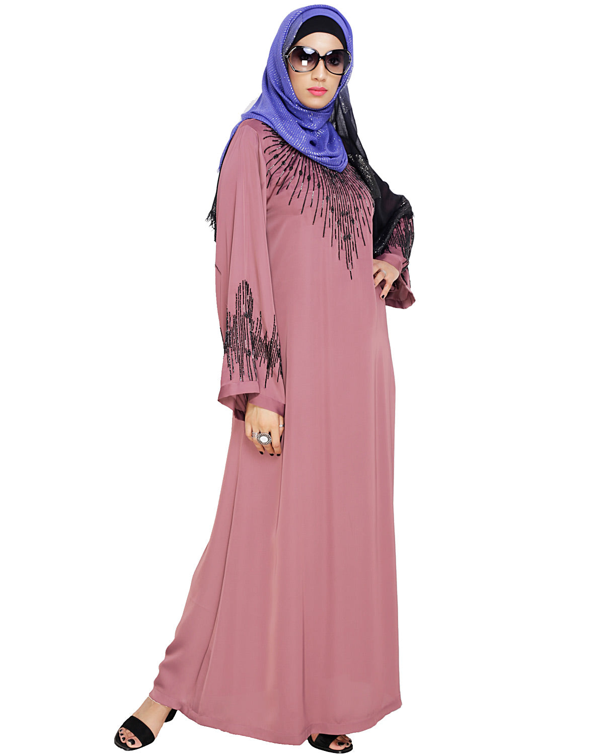 Ornate Black Dubai Style Abaya Onion Pink