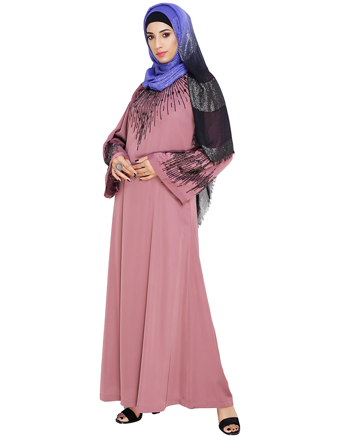 Ornate Black Dubai Style Abaya Onion Pink