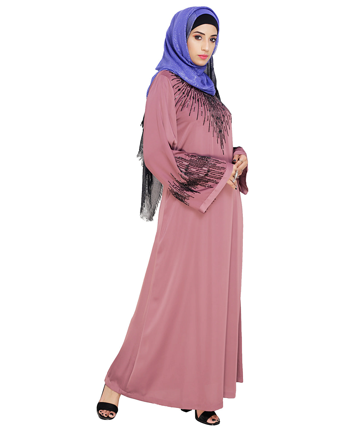 Ornate Black Dubai Style Abaya Onion Pink