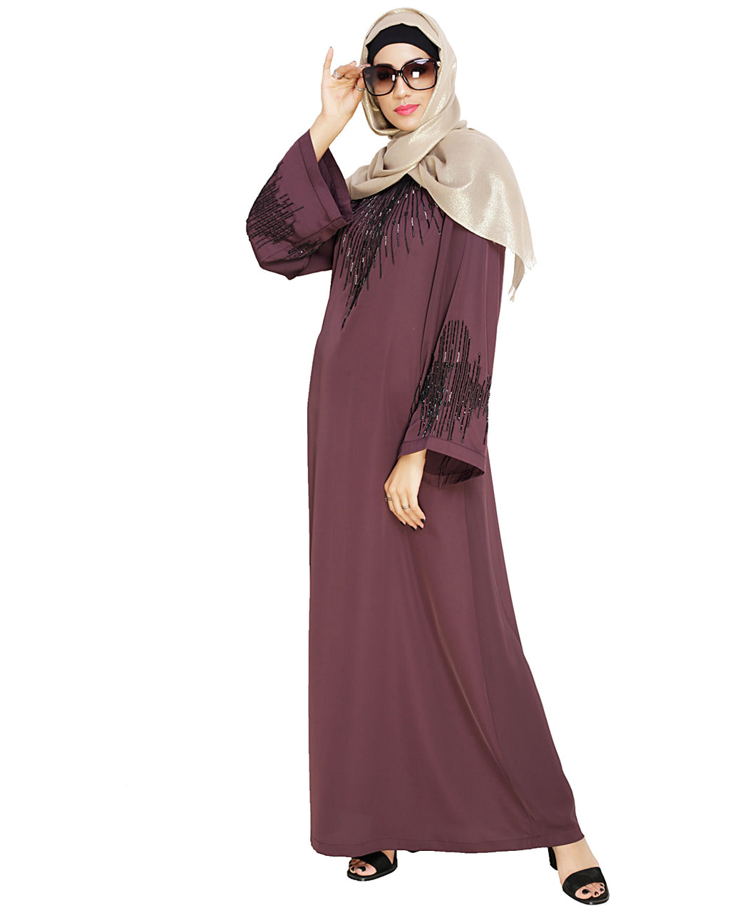Ornate Black Dubai Style Abaya Purple