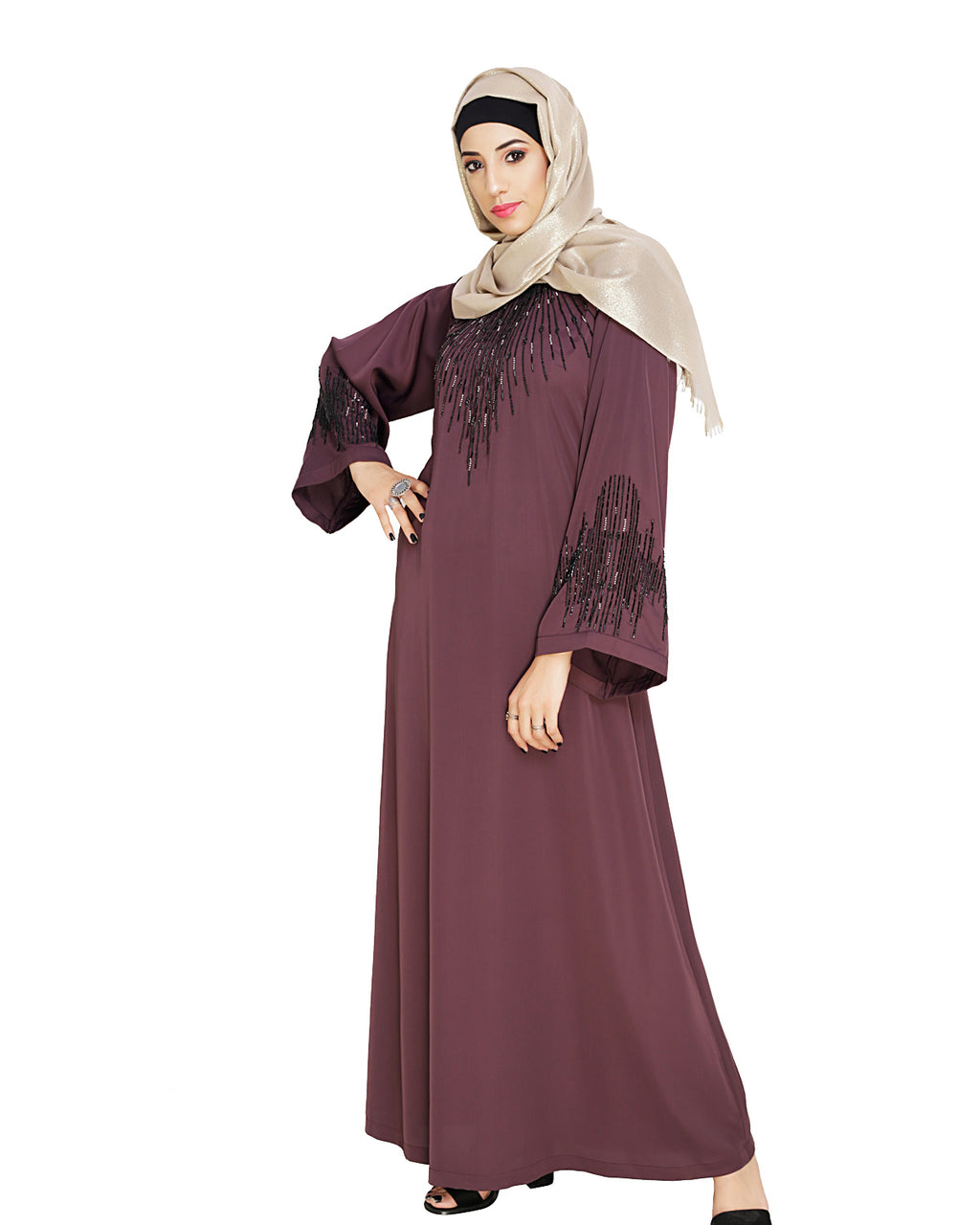 Ornate Black Dubai Style Abaya Purple