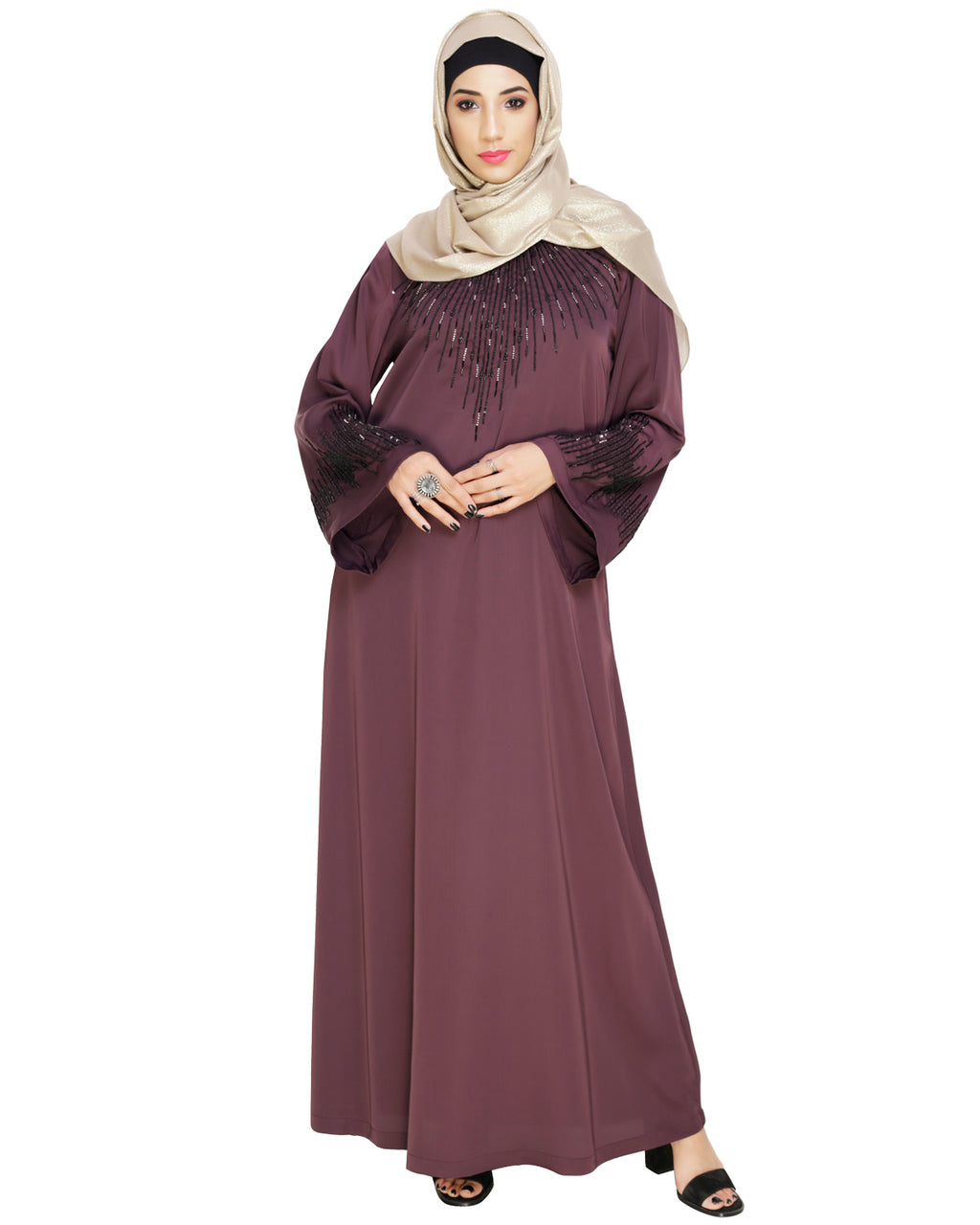 Ornate Black Dubai Style Abaya Purple