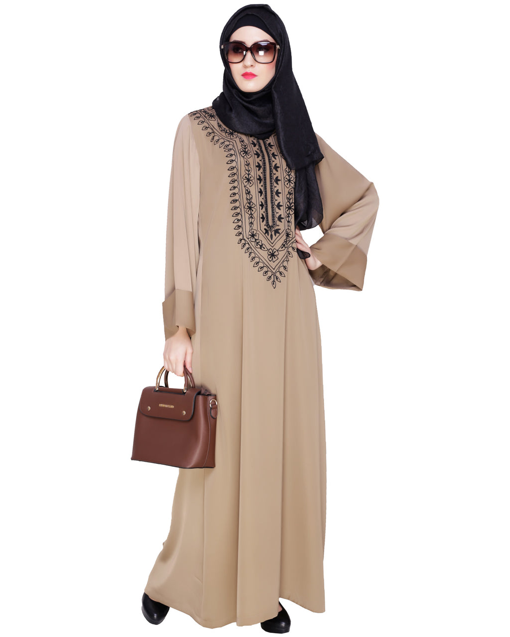 Floral Embellished Dubai Style Abaya Beige