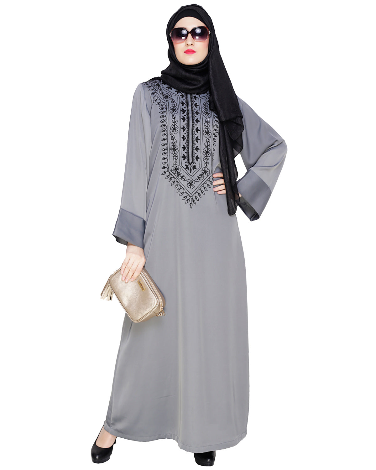 Floral Embellished Dubai Style Abaya Grey