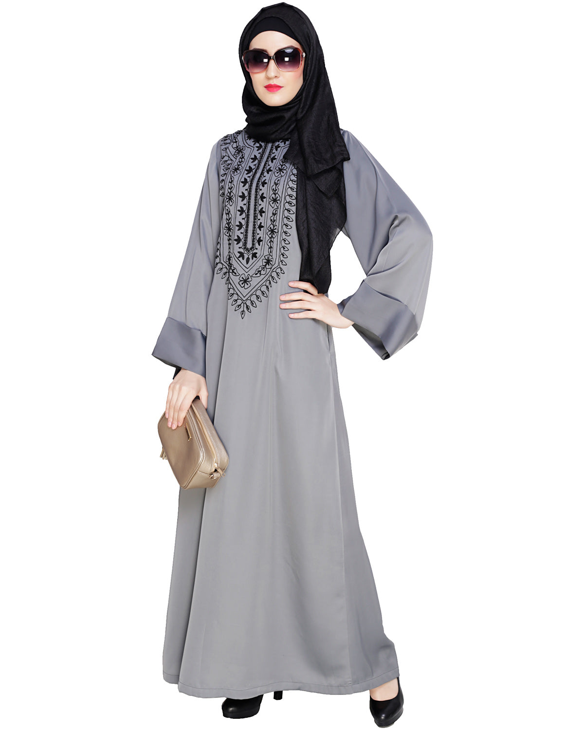 Floral Embellished Dubai Style Abaya Grey