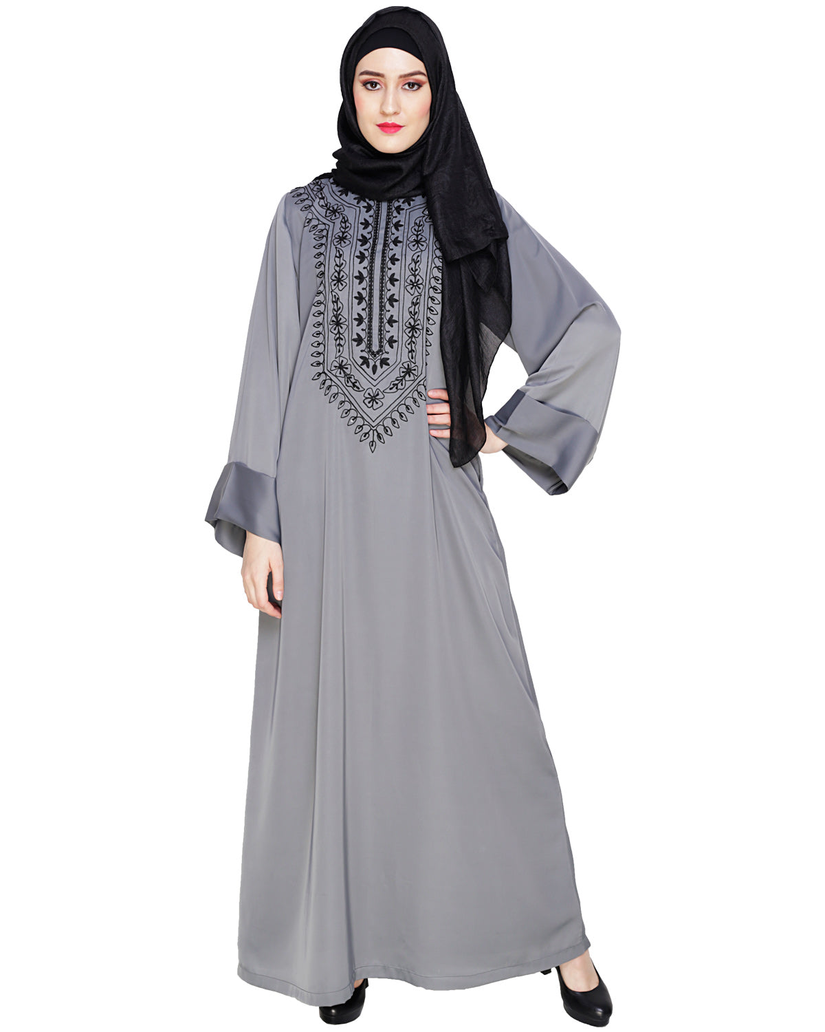 Floral Embellished Dubai Style Abaya Grey