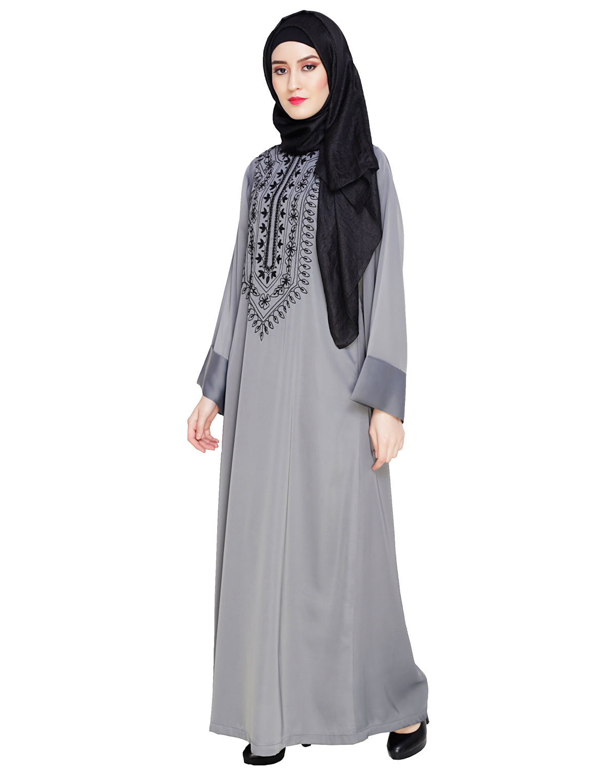 Floral Embellished Dubai Style Abaya Grey