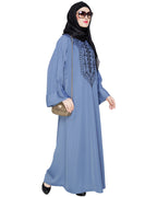 Floral Embellished Dubai Style Abaya Steel Blue