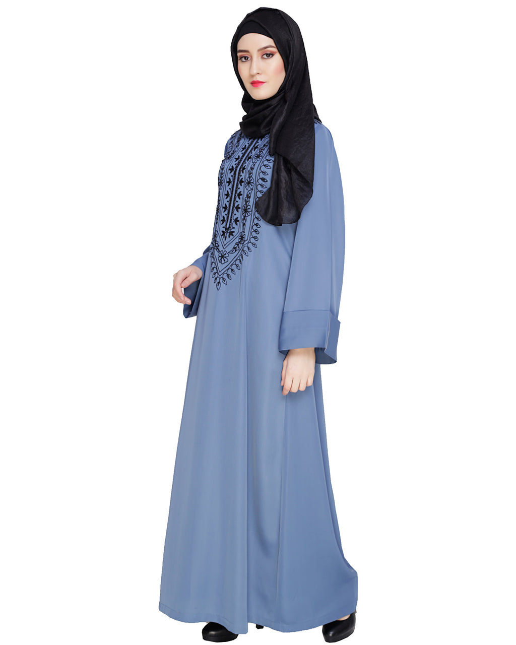 Floral Embellished Dubai Style Abaya Steel Blue