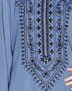 Floral Embellished Dubai Style Abaya Steel Blue