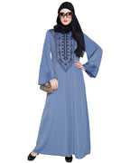 Floral Embellished Dubai Style Abaya Steel Blue