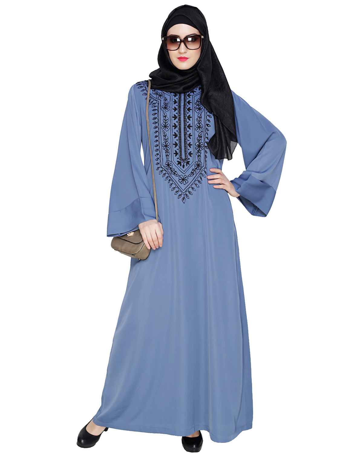 Floral Embellished Dubai Style Abaya Steel Blue
