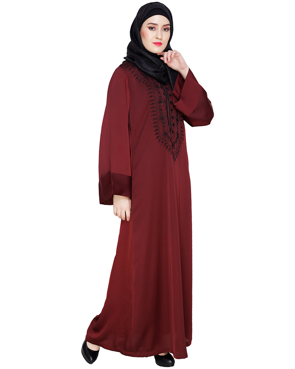 Floral Embellished Dubai Style Abaya Wine
