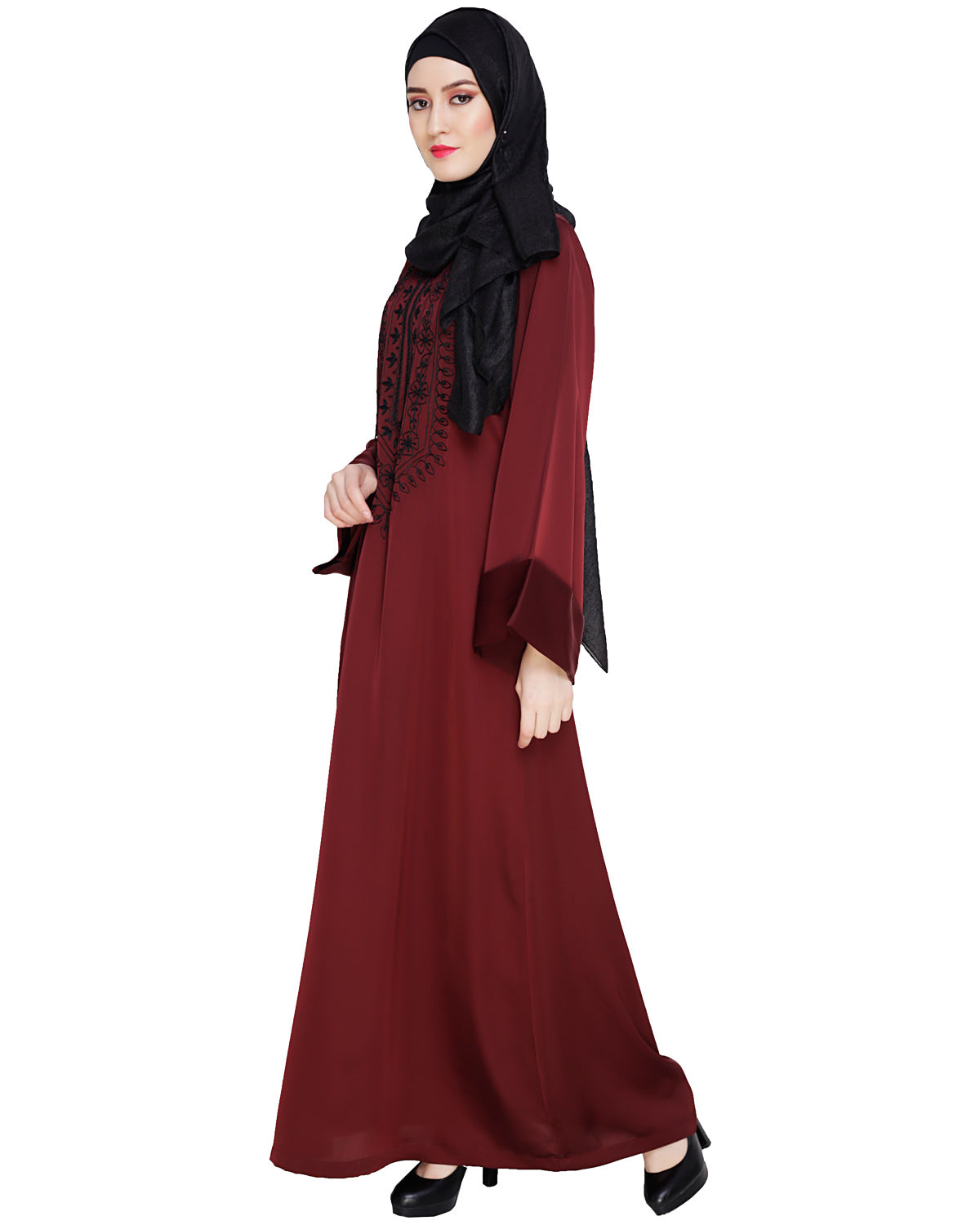 Floral Embellished Dubai Style Abaya Wine