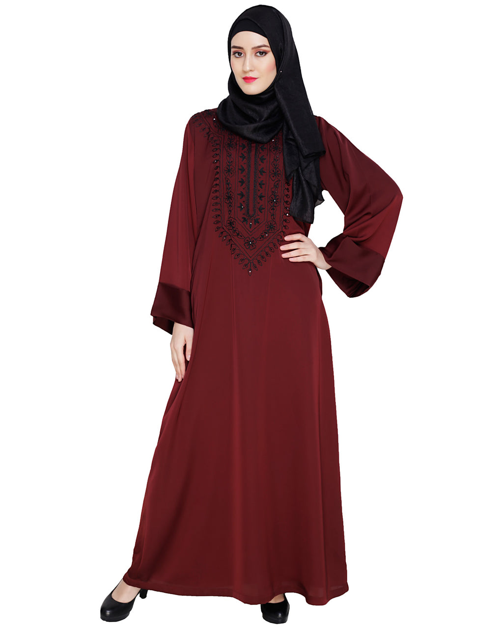 Floral Embellished Dubai Style Abaya Wine