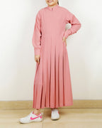 An Umbrella Style Stunning Pleated Pink Kids Abaya With Pinstriped Yolk Pink