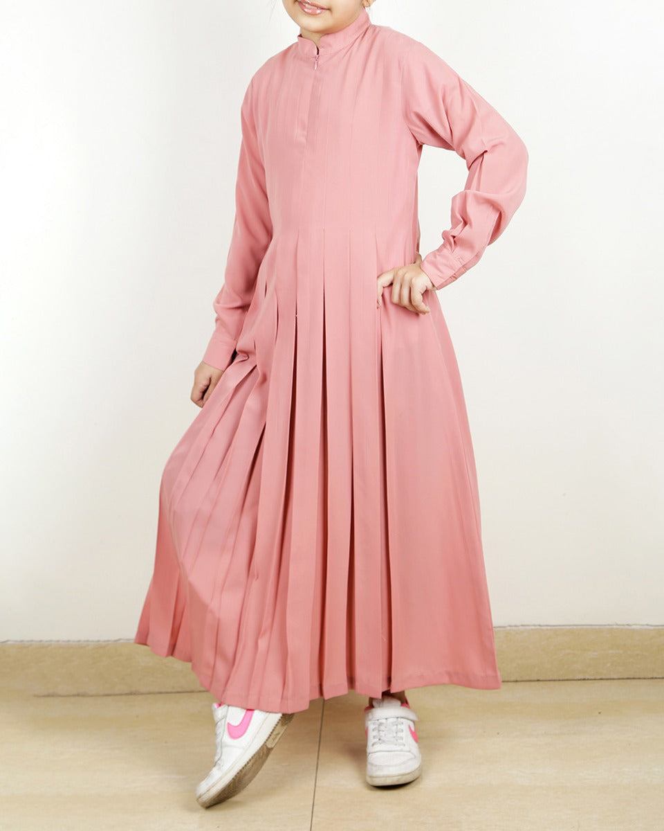 An Umbrella Style Stunning Pleated Pink Kids Abaya With Pinstriped Yolk Pink