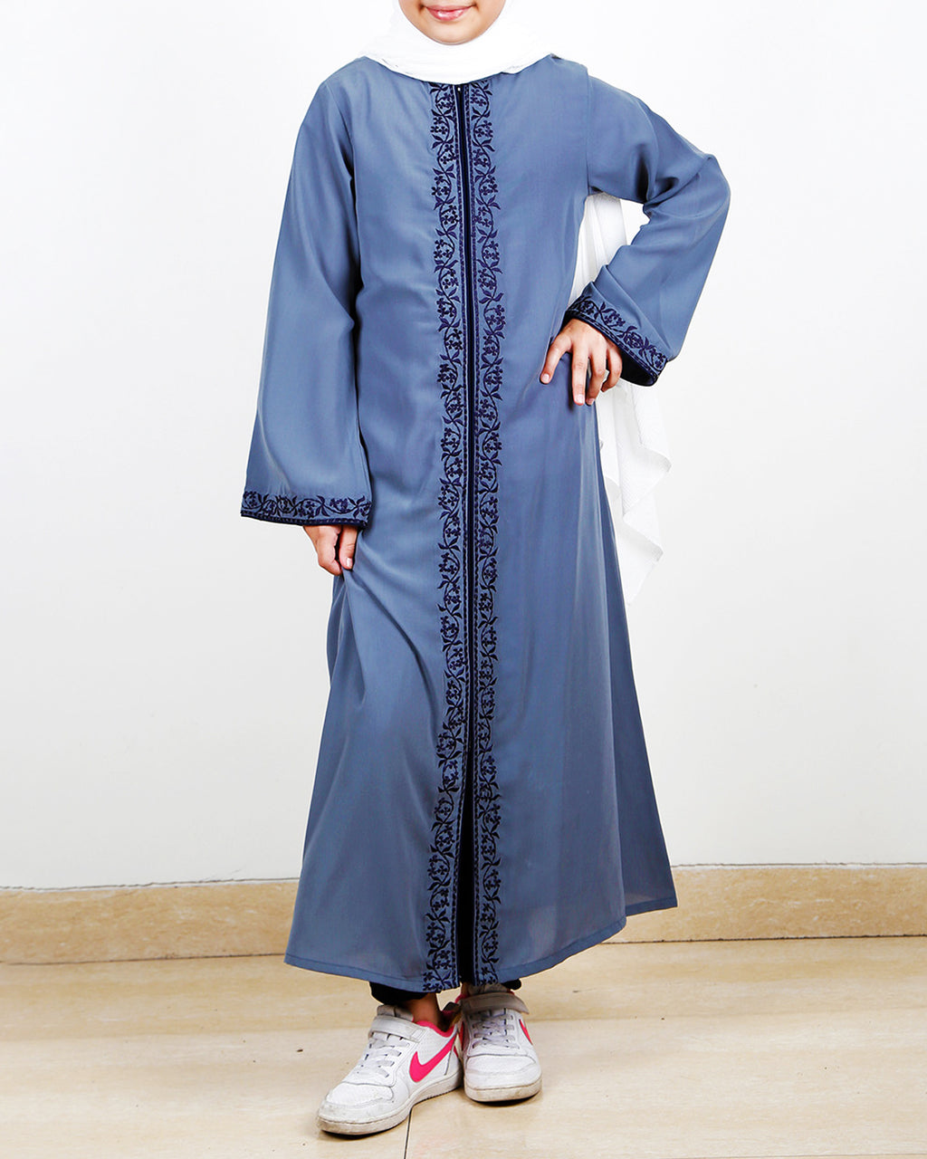 Grey Kids Abaya With Embroidery Grey