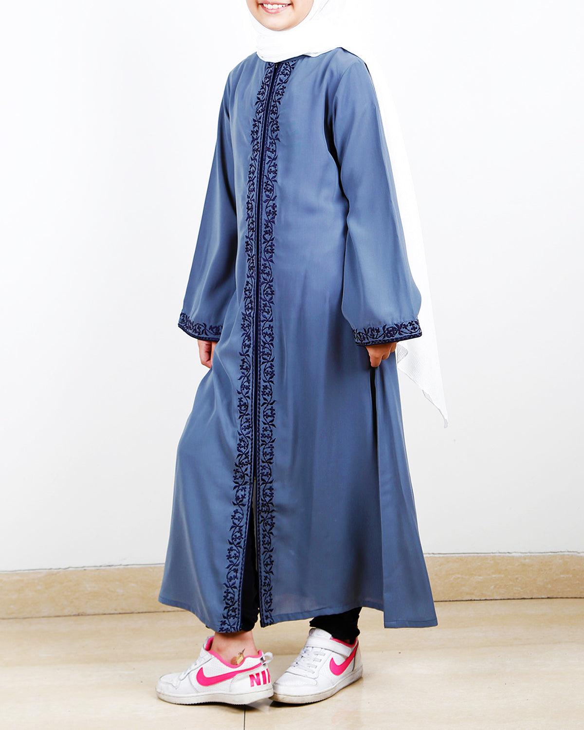 Grey Kids Abaya With Embroidery Grey