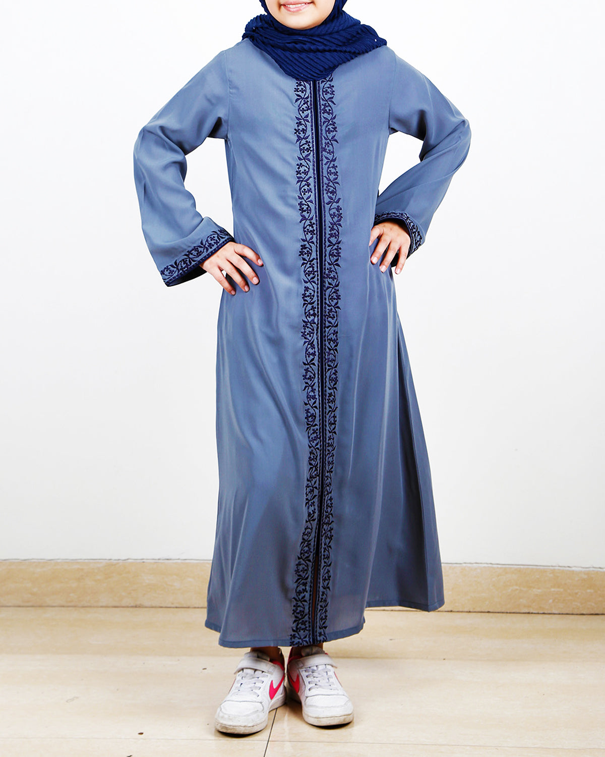 Grey Kids Abaya With Embroidery Grey
