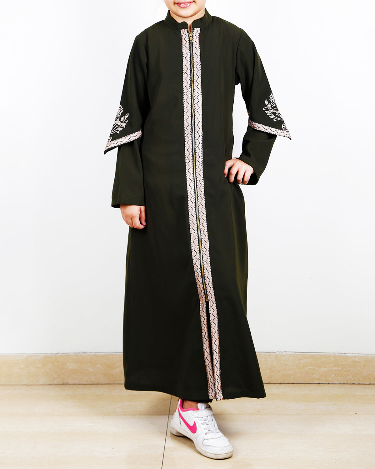 Bygone Front Zipper Kids Abaya Bottel Green