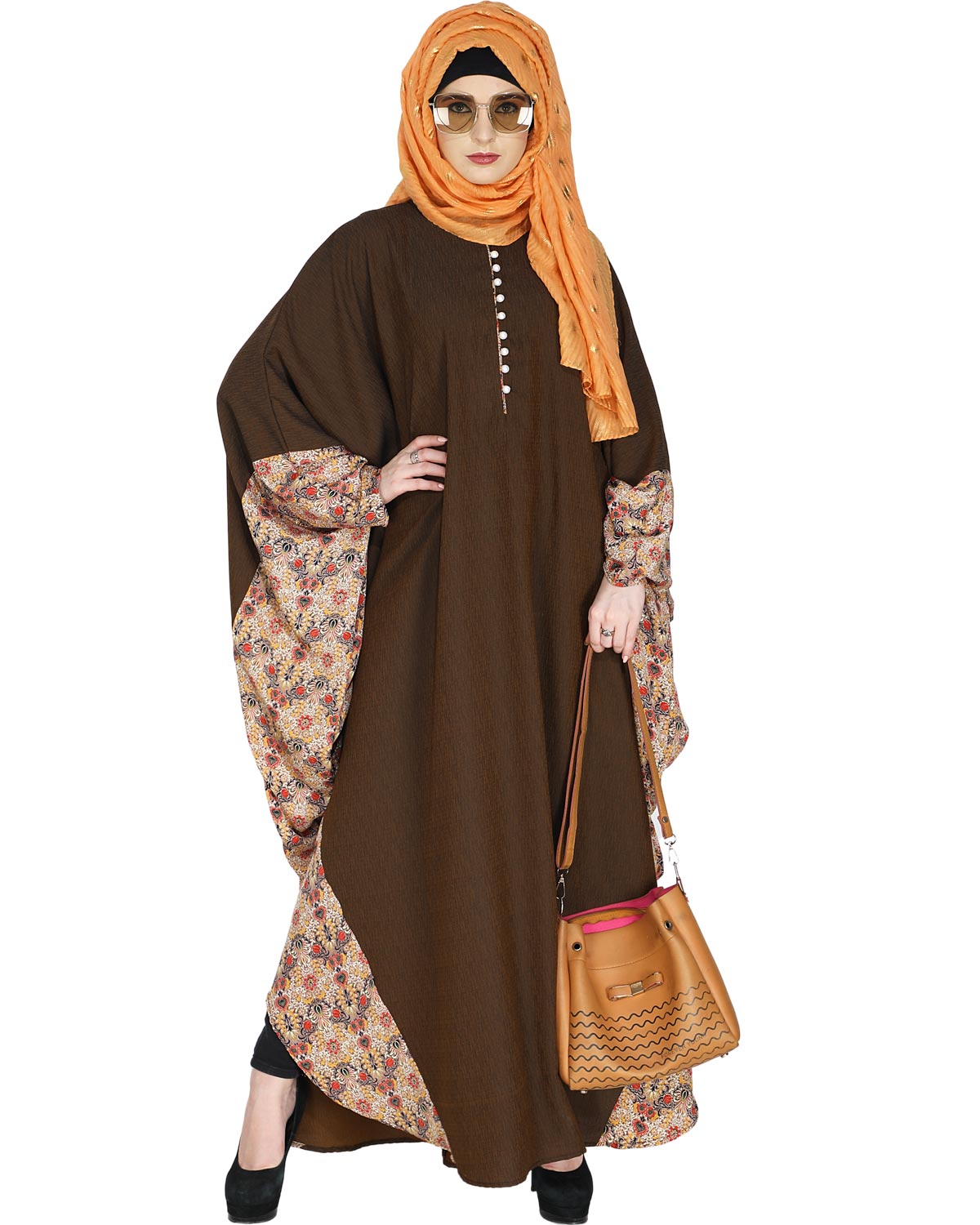 Floret Printed Dark Brown Kaftan Wine