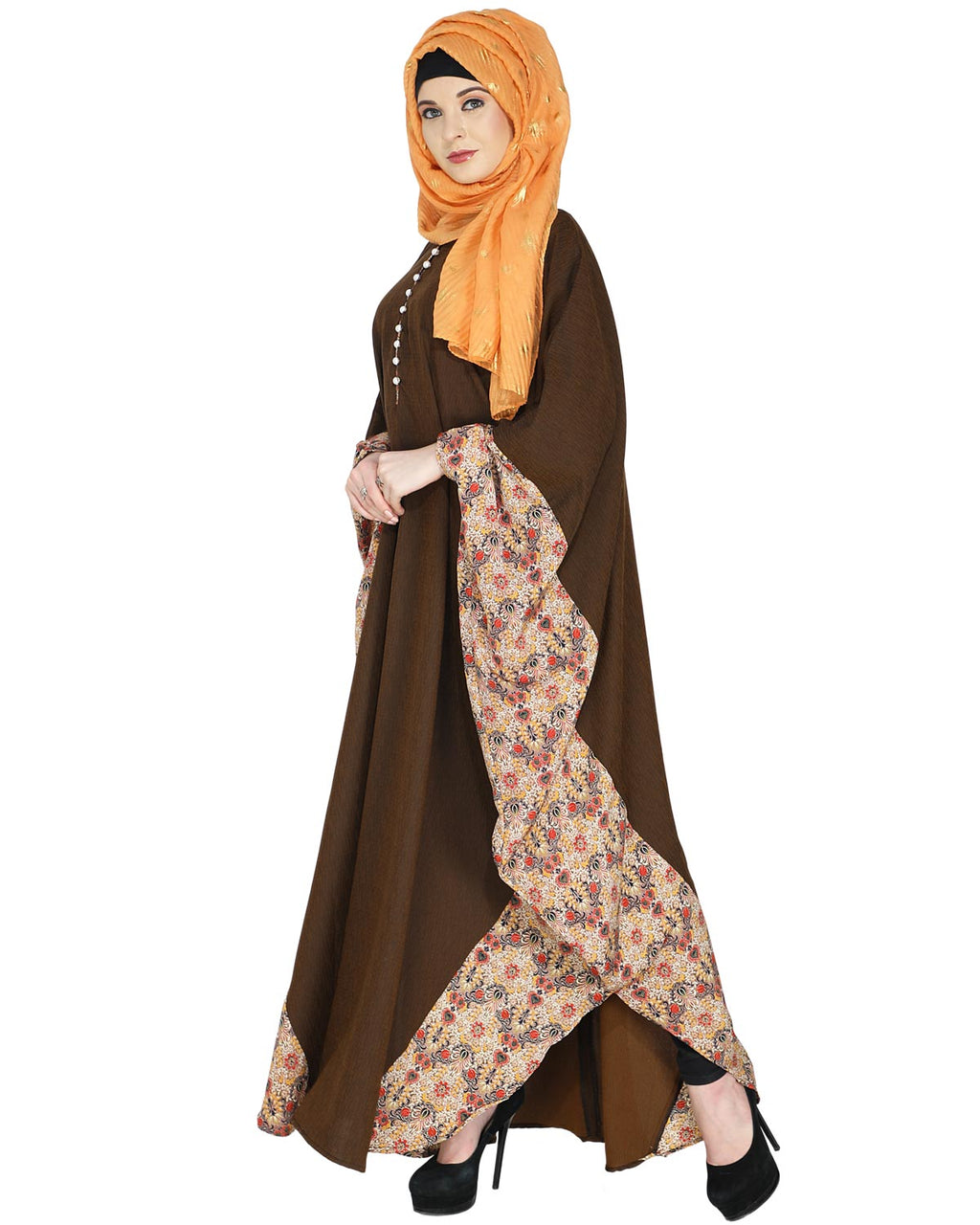 Floret Printed Dark Brown Kaftan Wine