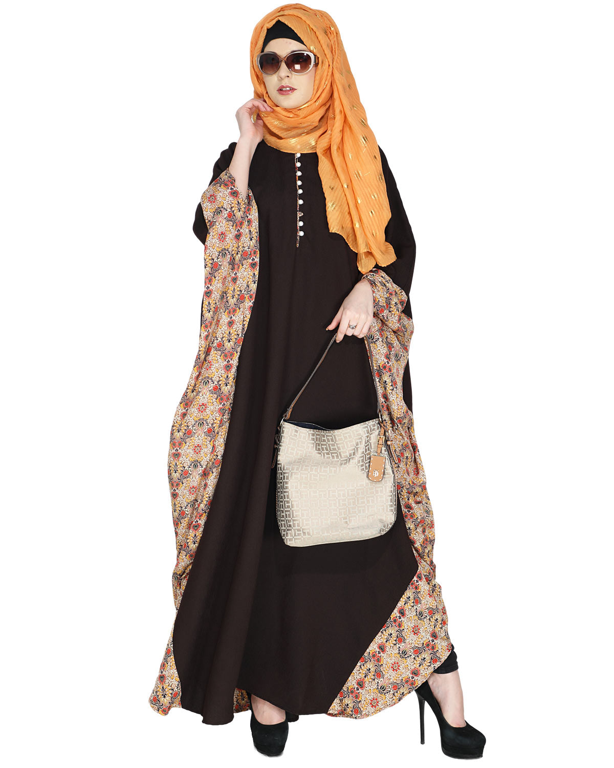 Floret Printed Dark Brown Kaftan Wine
