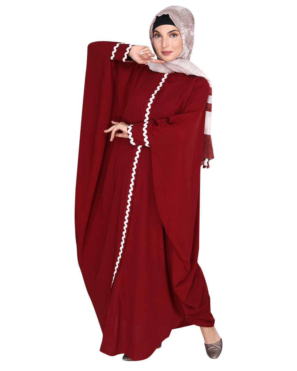 Lace Trim Black Kaftan Maroon