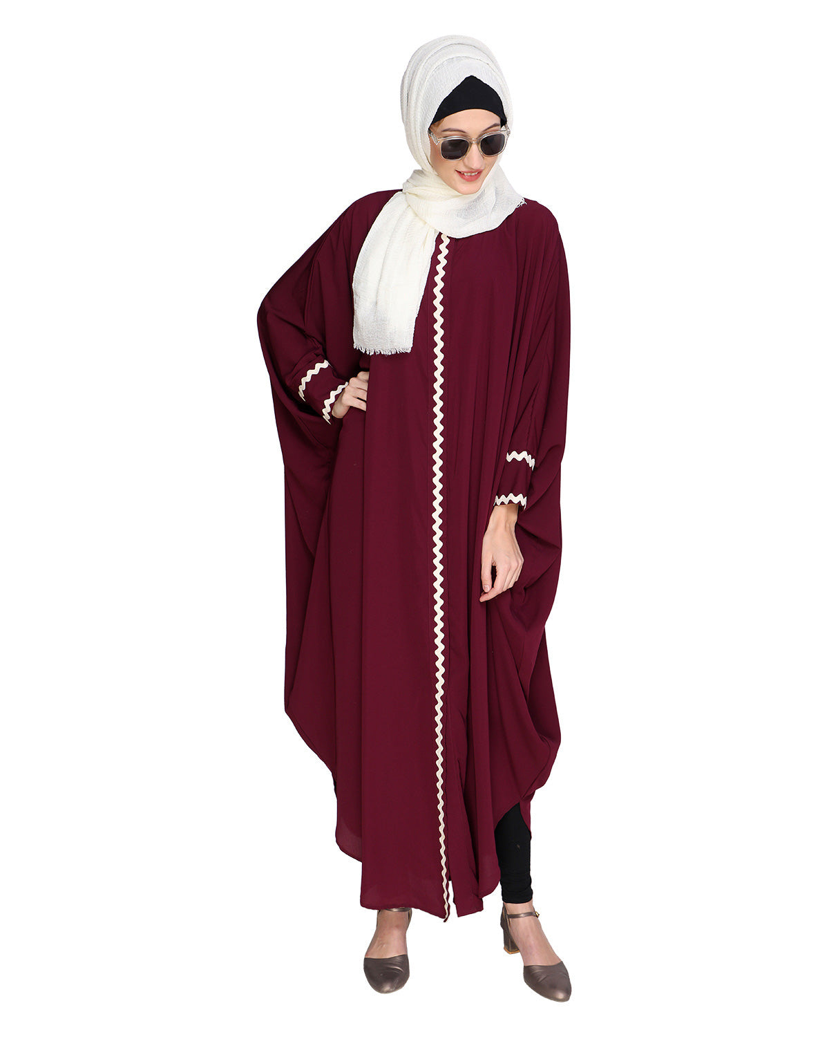 Lace Trim Black Kaftan Maroon