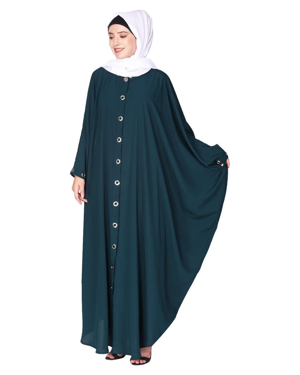Ultra smart casual front open kaftan with shining metallic rivets Bottel Green